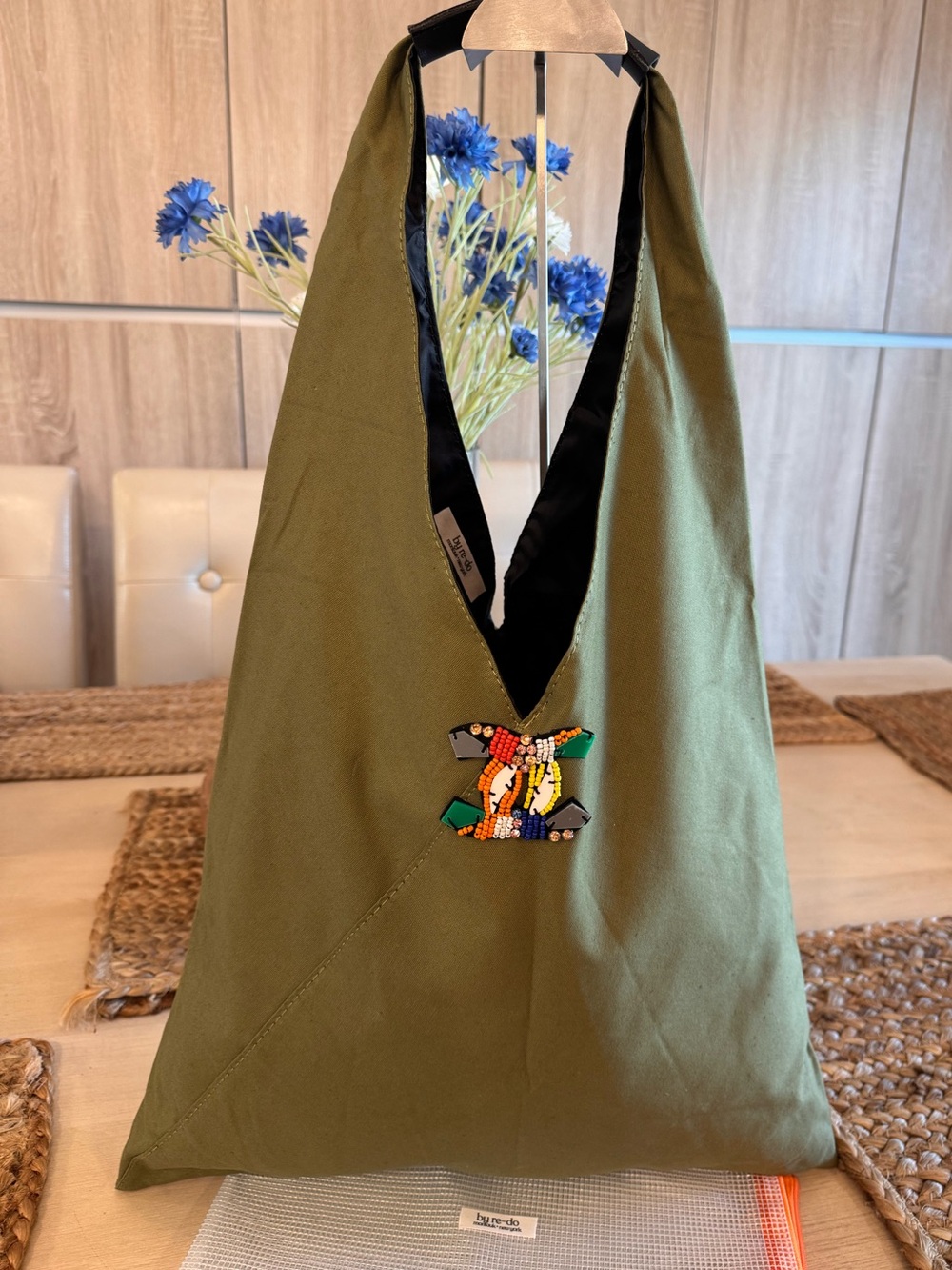 By Re-Do Montauk NY Olive Canvas Tote/Shoulder Bag, Beaded Emblem, Boho Chic